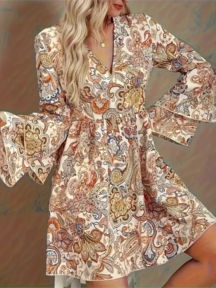 Abito ampio con volant con stampa di moda per donna Abiti pullover casual con scollo a V a maniche lunghe Robe Femme Boho Holiday Abbigliamento da donna