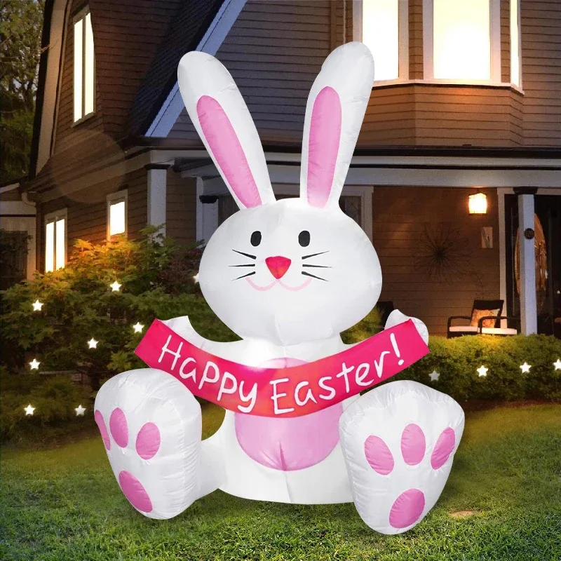 

120CM Easter Inflatable Happy Easter Bunny Air blown Inflatable LED Light Happy Easter Banner Inflatable Yard Outdoor Decoration