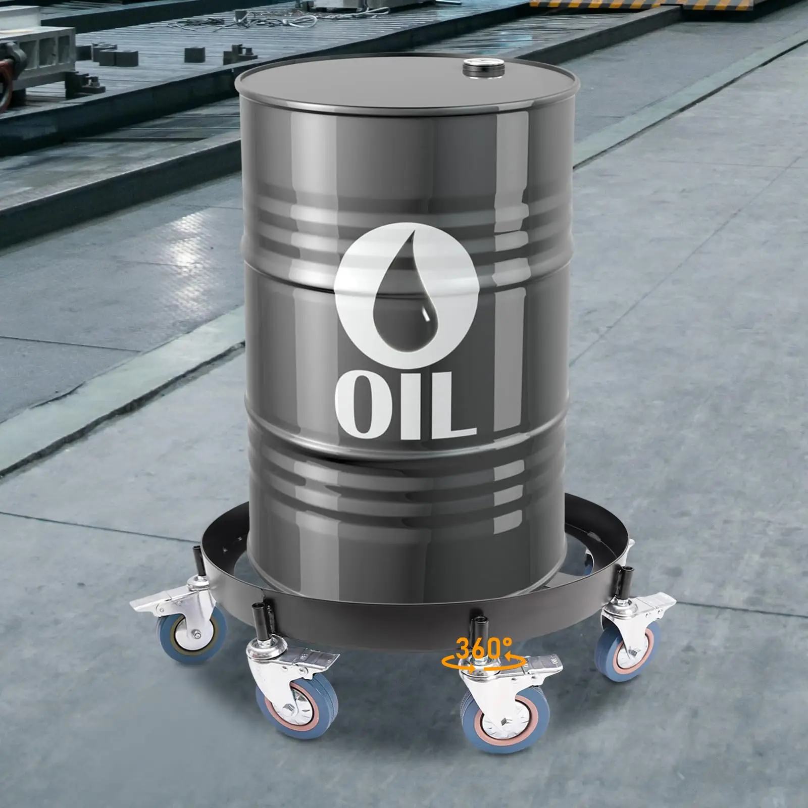 1 ¢ 55 جالون دوللي طبلة شديدة التحمل مع 8 عجلات، سعة تحميل 2000 يلوون، عربة دوللي ذات أسطوانة فولاذية، سلة مهملات مضادة للرصد