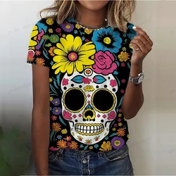 Summer Women 3D Scary Flower Skull Print T-Shirt Fashion Trend Tops Tees Ladies Casual Short Sleeve Clothing Vintage Streetwear