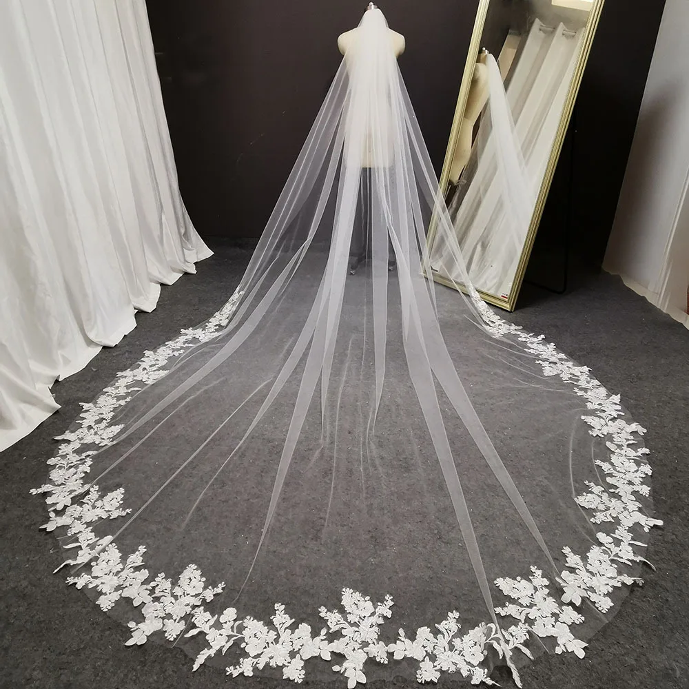 Lace Applique véus nupciais com pente, Véus de casamento catedral, Uma camada, Capacete de festa formal, 2023