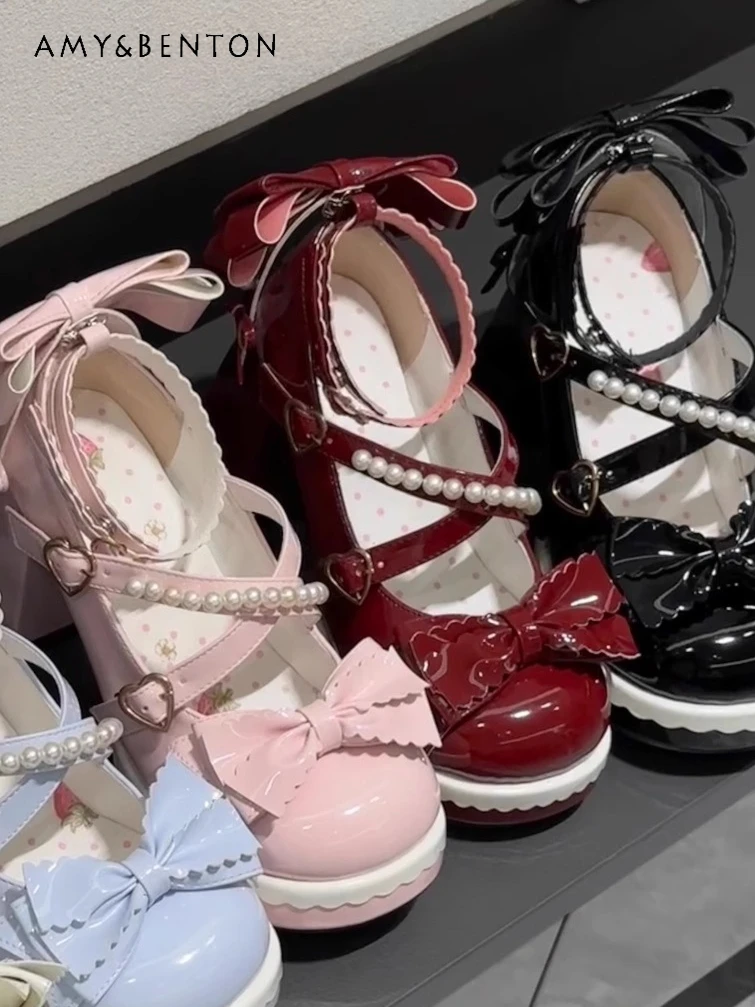 

Original Elegant Princess High Heels Japanese Versatile Student Cute Lolita Elegant Sweet Round Toe Thick Sole PU Women Shoes
