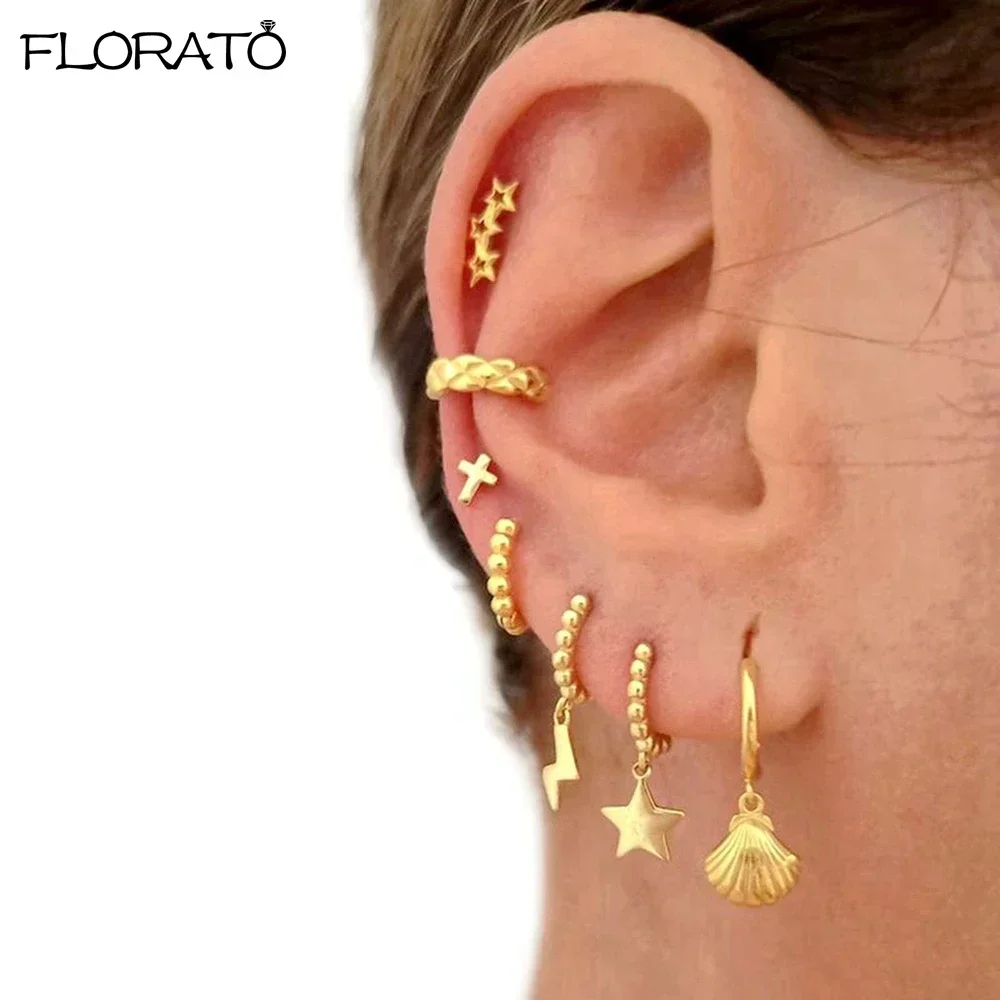 925 Sterling Silver Needle Hypoallergenic Gold-color Hoop Earrings for Women New Shell Pendants Earrings Fashion Jewelry Gifts