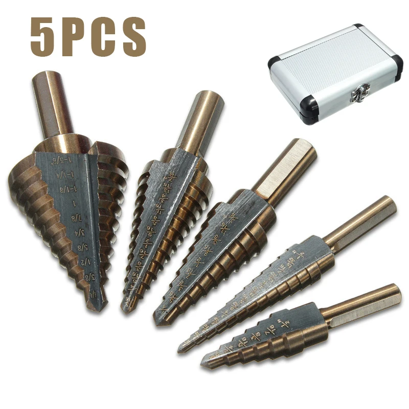 Juego de brocas escalonadas de cobalto HSS, caja de perforación de Metal con estuche de aluminio, 5 piezas, 4241 pulgadas, 50 tamaños