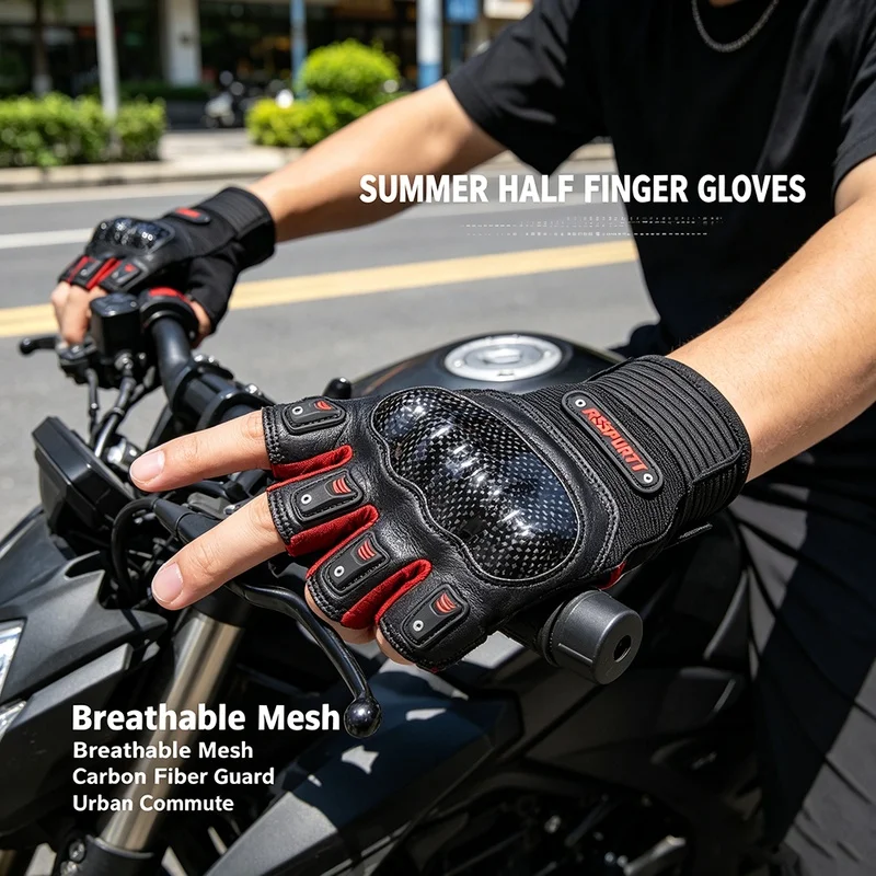 Men's Summer Half‑Finger Motorcycle Gloves Genuine Goat Skin Carbon Fiber Shell Breathable Anti‑Fall Motorbike Cycling Glove