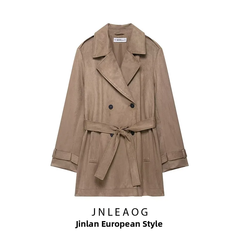 

JNLEAOG Autumn New Faion Windbreaker Women's Clothing Faux Leather Effect Long Sve Double Breasted Straight Cut Coat