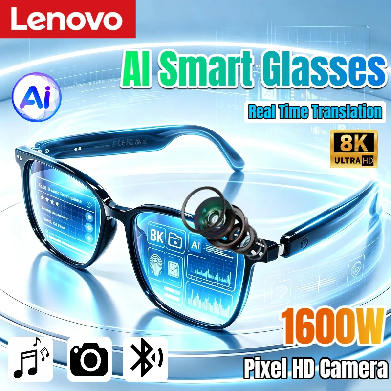 Lenovo AI Smart Glasses Remote Touch Control 8K Camera Photo Recording Translator Voice Assistant Bluetooth Wireless Glasses