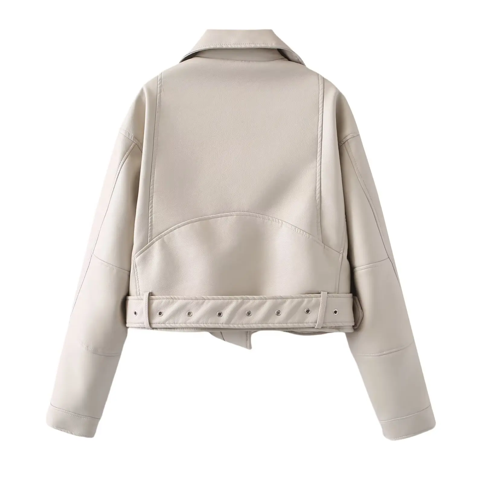 2025 feminino bege zíper frontal jaqueta de couro do plutônio americano retro fivela cinto bainha manga cheia casaco cintura alta curto outwear prata