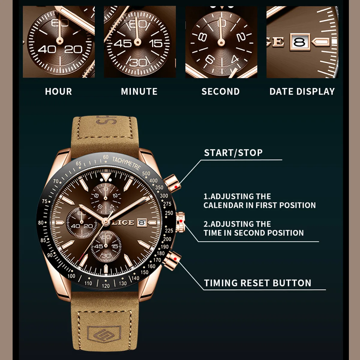 LIGE ساعات جلدية رجال الأعمال موضة 30 متر مقاوم للماء كوارتز ساعة اليد كرونوغراف تاريخ فاخر مضيئة ساعة رياضية للرجال + صندوق