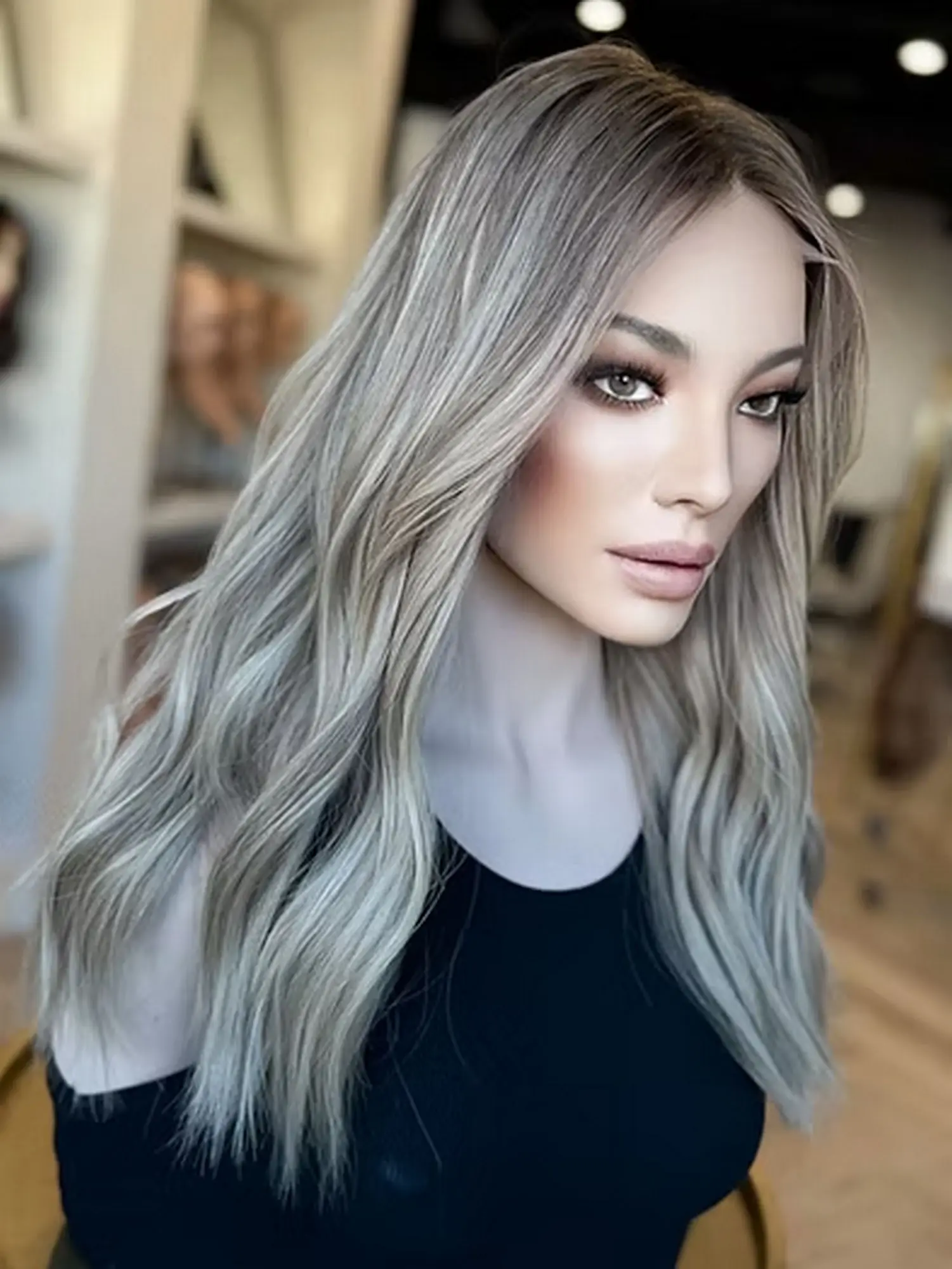 22 Inches Ombre Ash Blonde Highlights Synthetic Lace Front Wig Natural Body Wave Wig Realistic Preplucked Hairline Glueless Wigs