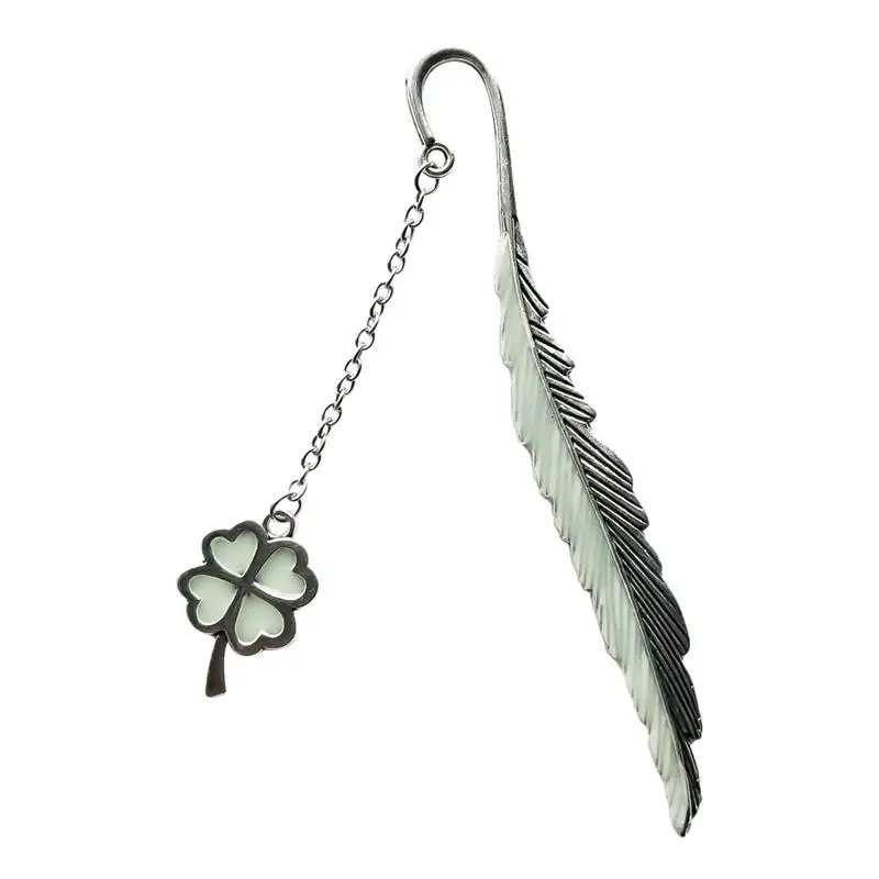 علامات مرجعية ريشة معدنية عتيقة ، تتوهج في الظلام ، برسيم بأربع أوراق ، علامات كتب للقراءة