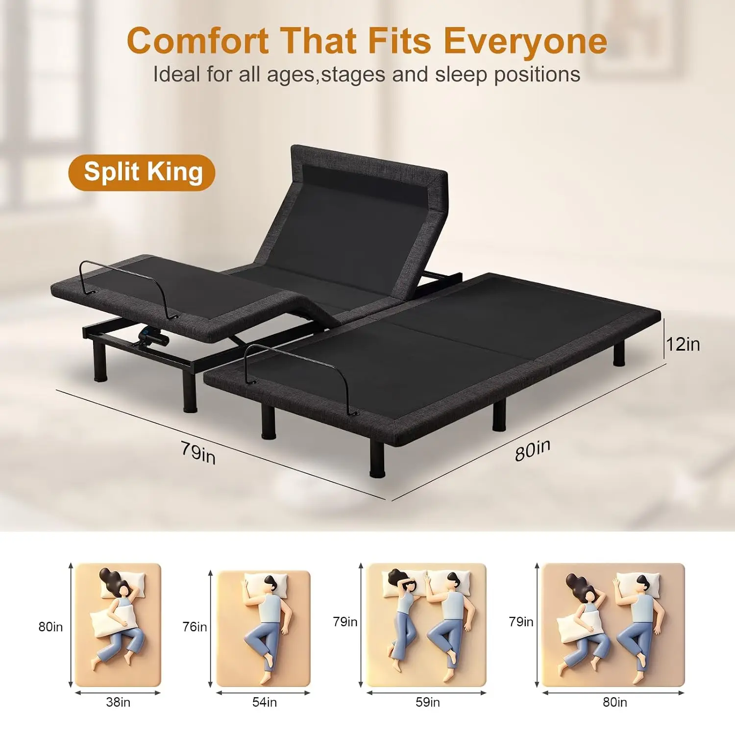 Split King Adjustable Electric Bed Frame with Head & Foot Lift, Pillow Tilt, LED, Zero Gravity, Remote, USB, Customized
