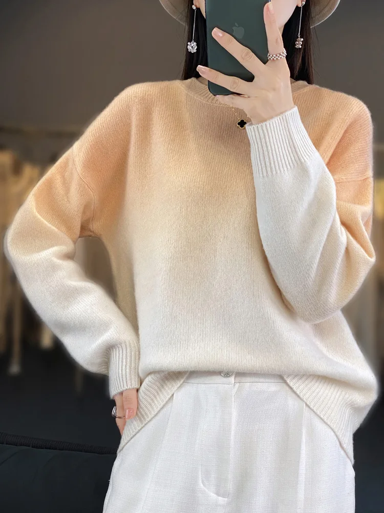 2025 New Women's Basic O-neck Gradient Pullover Sweater 100% Merino Wool Autumn Winter Casual Soft Warm Base Knitted Top