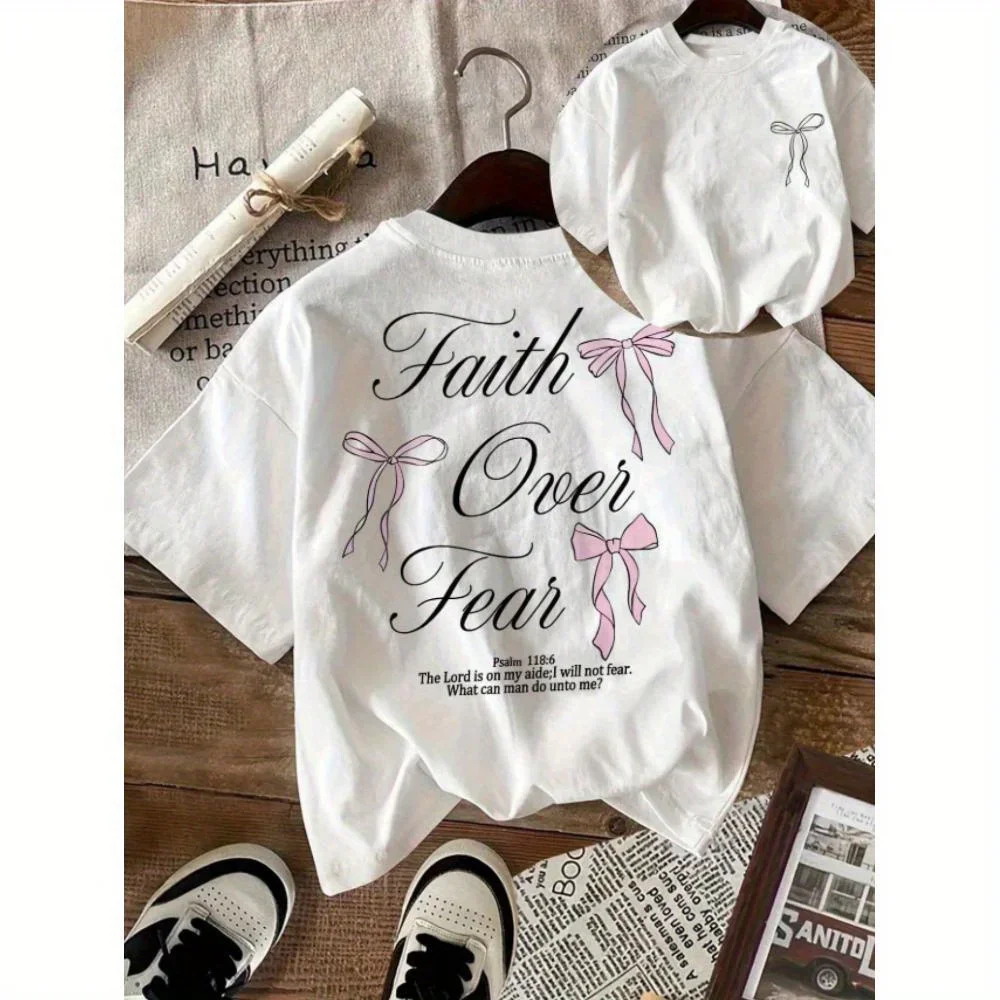 تي شيرت نسائي برسومات Faith Over Fear، بوليستر 95% سباندكس 5% نسيج محبوك، بلوزة كاجوال برقبة دائرية وأكمام قصيرة، نمط فراشة