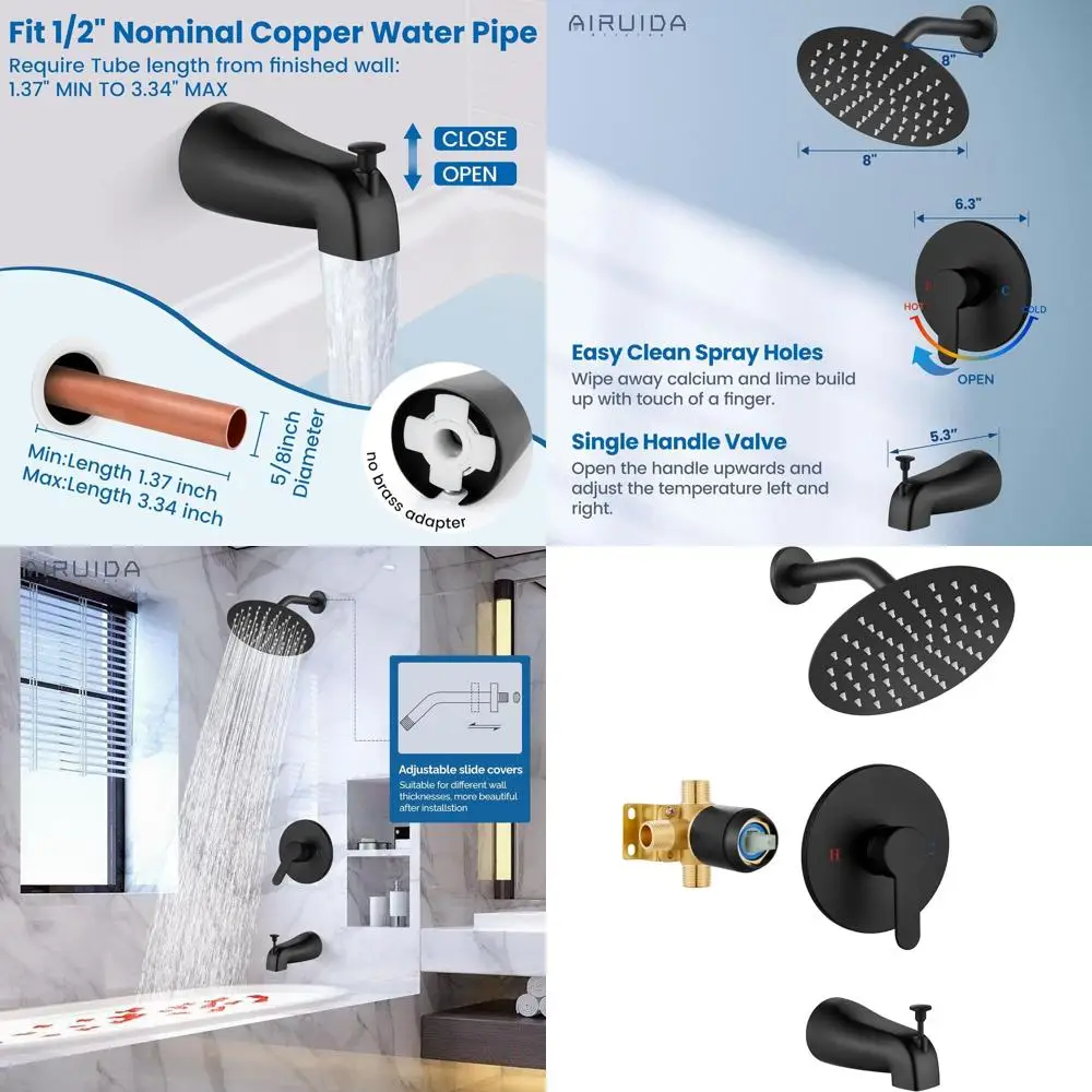 

8-Inch Matte Black Shower Head with Faucet Set, Complete Bath Tub Shower System including Rough-In Valve and Trim Kit