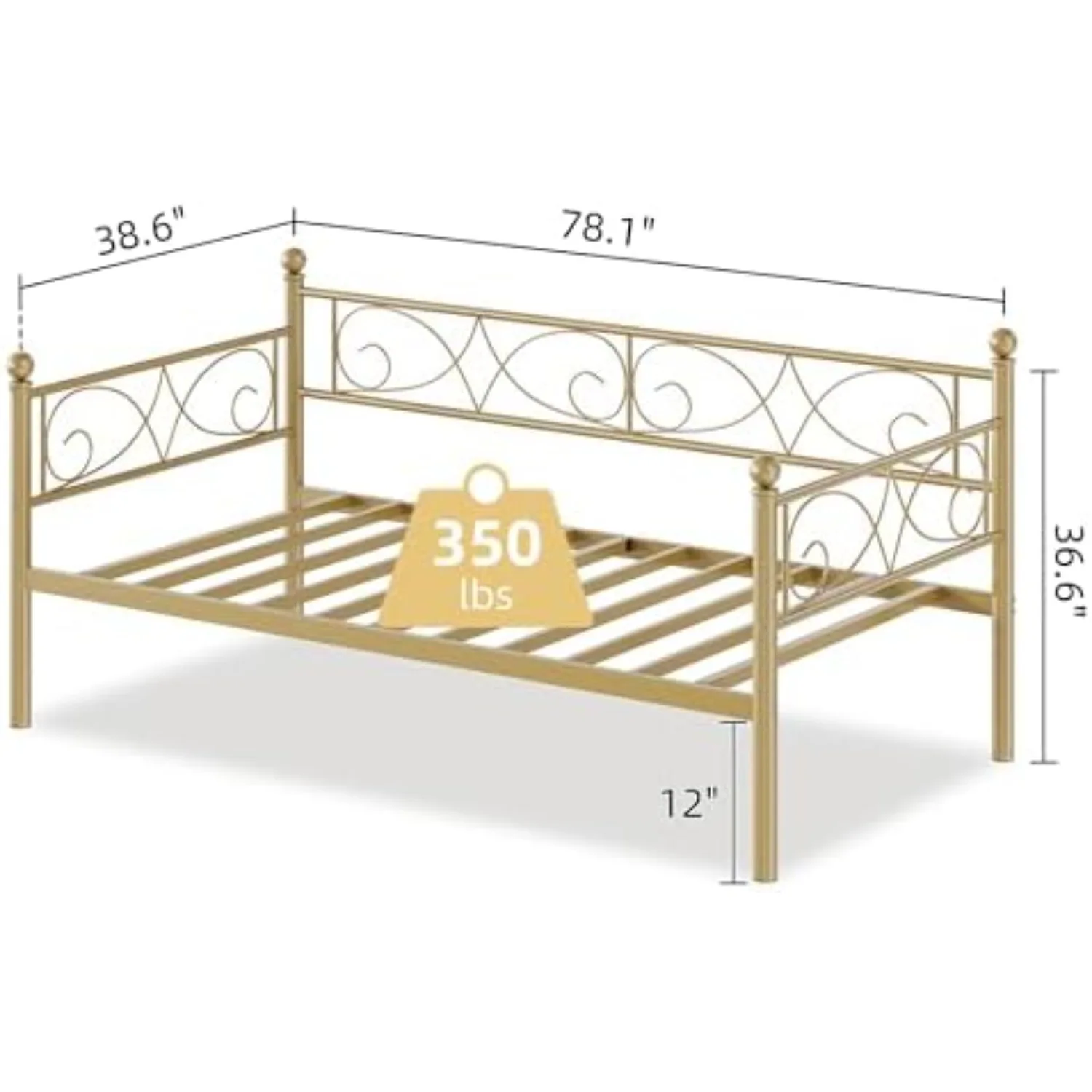 Twin Size Daybed Frame, Metal Daybed with Floral Headboard, Steel Slats Supports, Space-Saving Multifunctional for