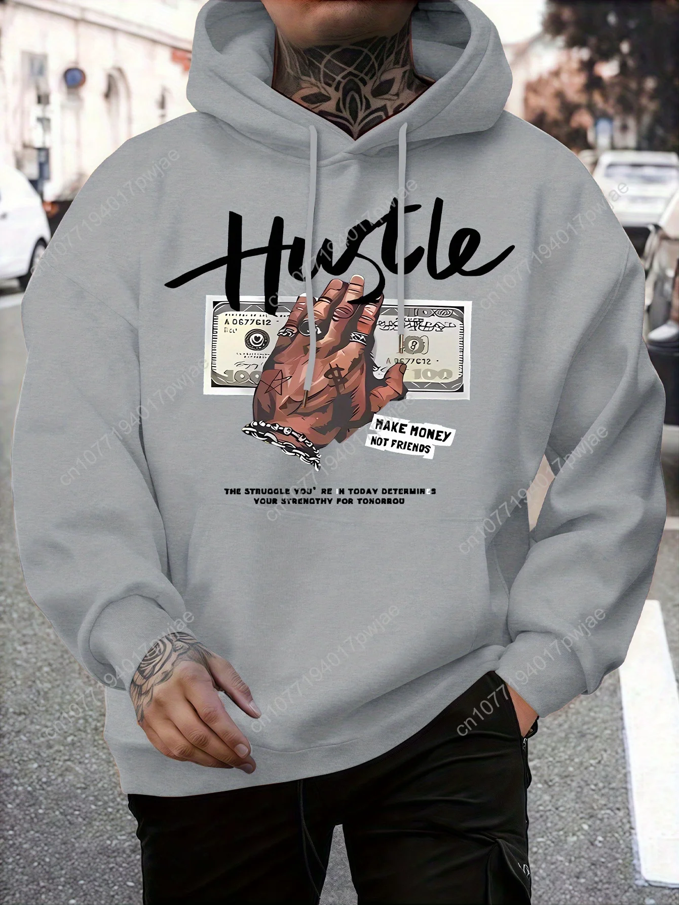 [Sudadera com capuz Hustle elegante] Moletom com capuz gráfico "Hustle" masculino estiloso |   Pulôver preto com nota de dólar e estampa manual, roupa de inverno quente