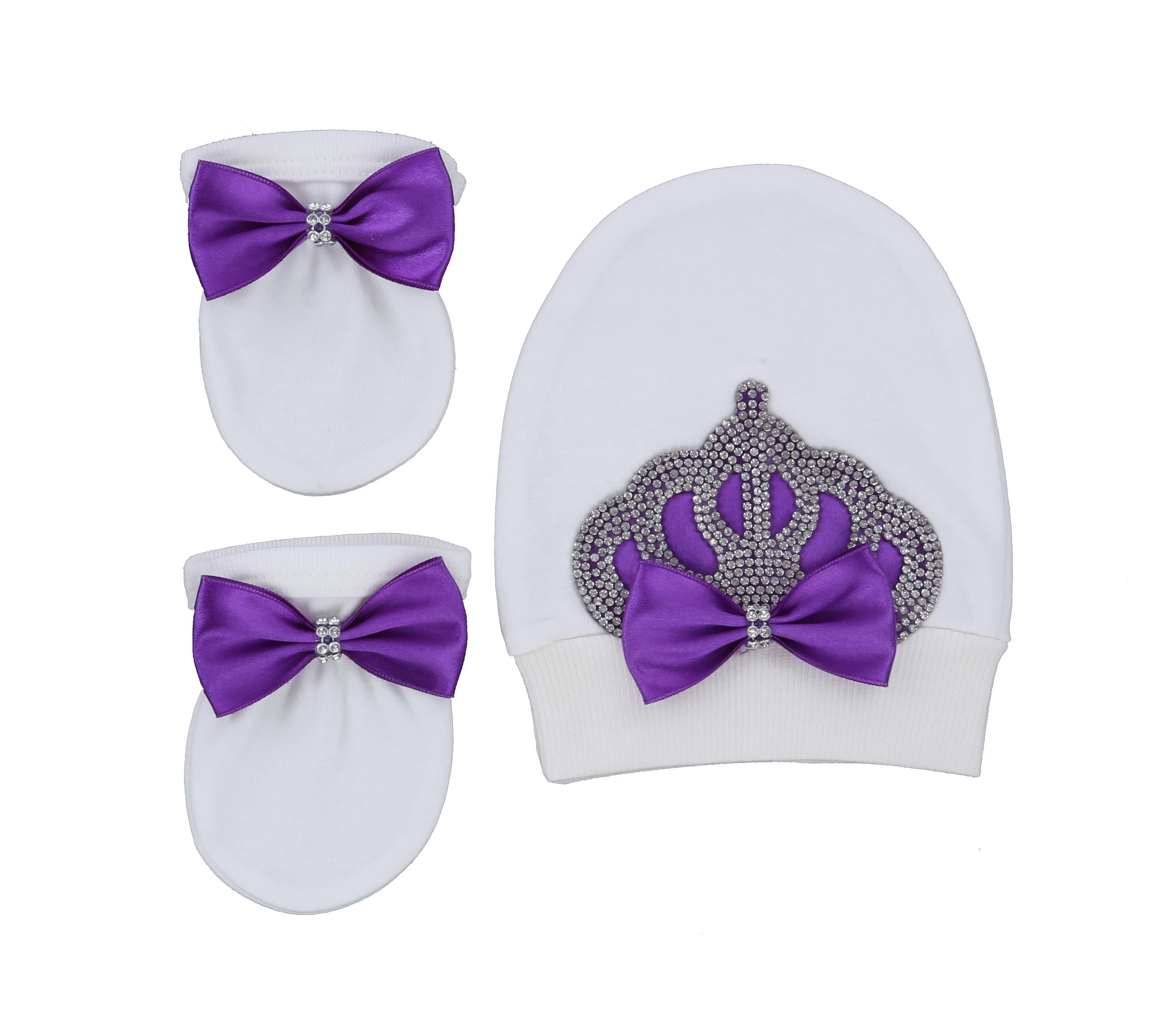 Footed Romper Newborn 0-9 Months 3 Piece Set White Purple Crown Bow Princess Boutique Baby Shower Gift With Hat Mittens