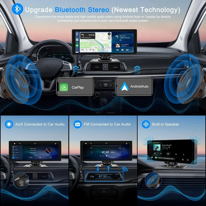 Portable Wireless Carplay Car Stereo With Dash Cam - 10.26In HD IPS Screen, Android Auto, 1080P Backup Camera, Bluetooth