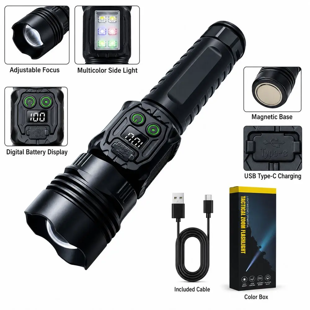 Adjustable Focus White Laser Flashlight Magnetic Base Digital Battery Display Rechargeable Flashlight Strong Beam