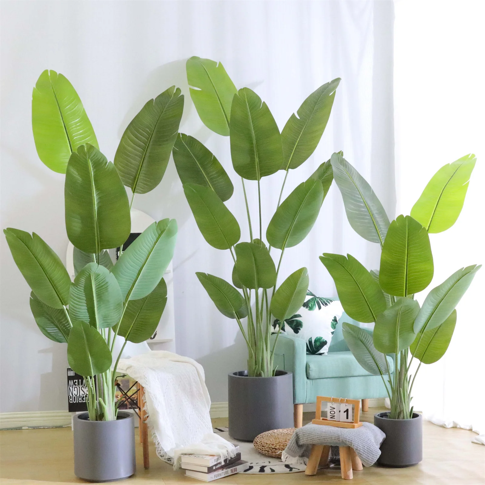 

5 Feet Bird Of Paradise Artificial Plants With Planter, Realistic Banana Shaped Leaves, Silk Faux Floor Plants For Home Office