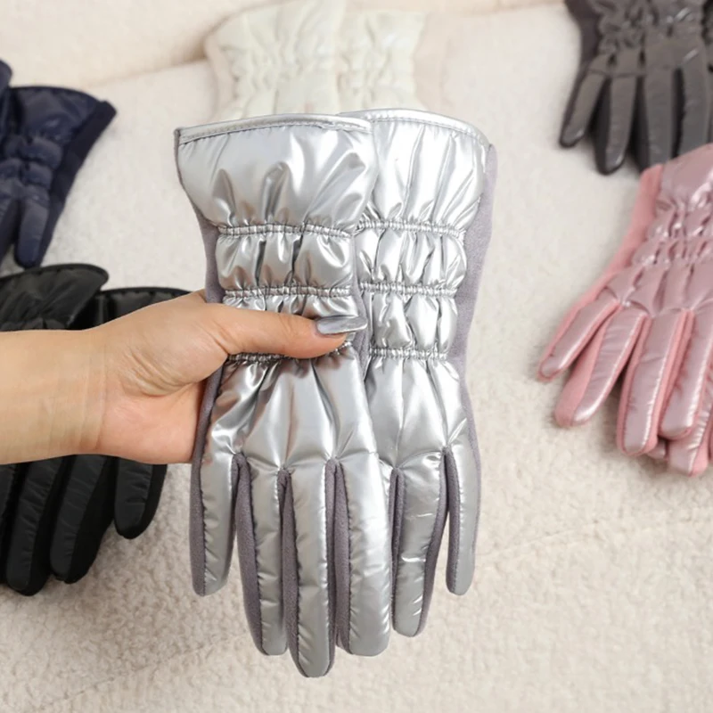 Women Winter Down Cloth Suede Folds Gloves Keep Warm Touch Screen Thin Light Not Bloated Elegant Temperament Simple Style