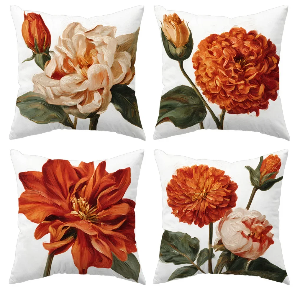 Set of Four Floral Print Throw Pillow Covers for Sofa Decor - Autumn Bloom Bouquet Accent Pillows