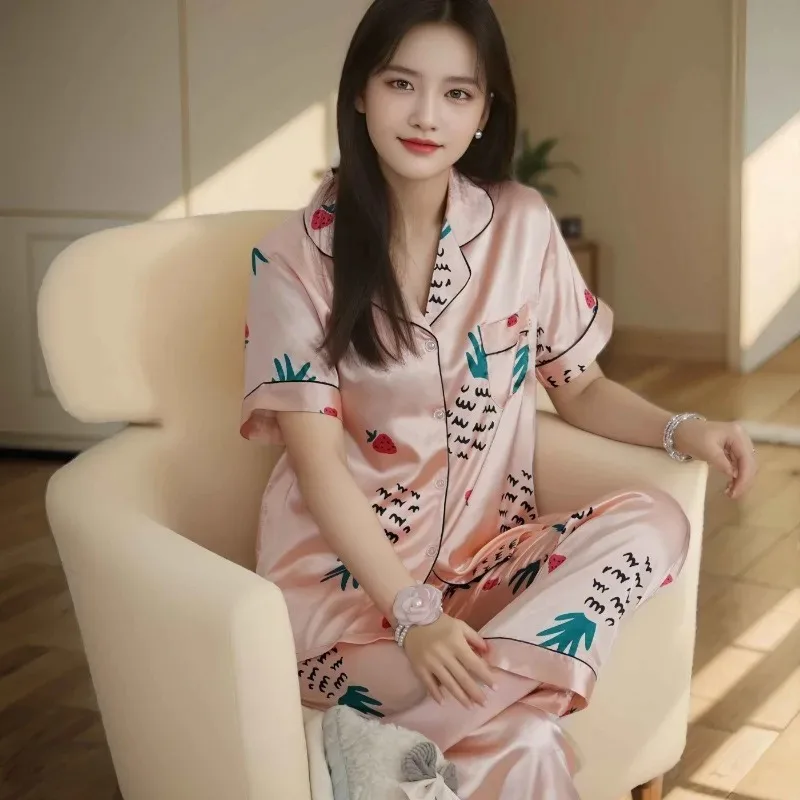 Ice Silk Pajamas Women Three Piece Set Summer Thin Sleepwear High-end Printed New Loungewear Spring Autumn V-neck Loose Homewear