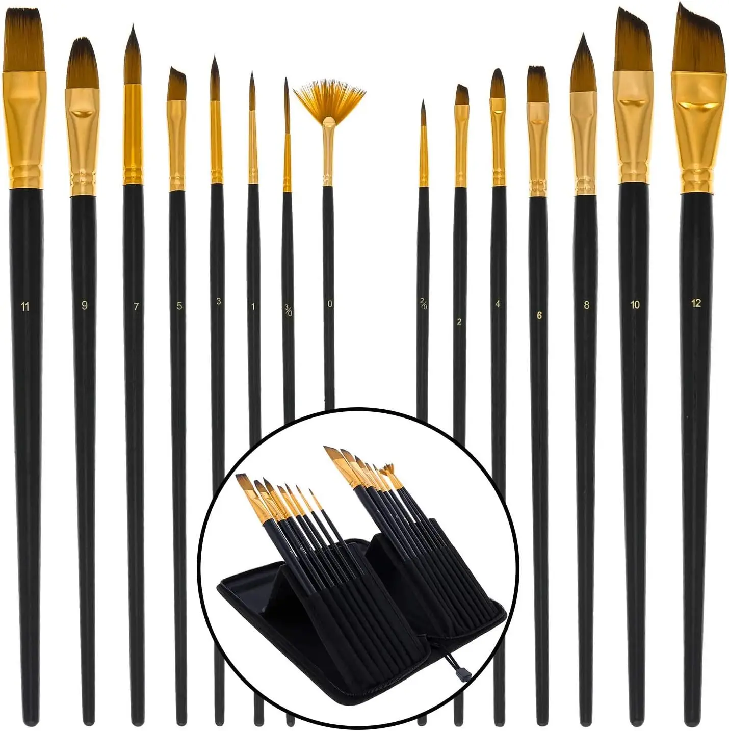 

15 Pc Long Handle Synthetic Paint Brush Set for Watercolor, Gouache, Acrylic - Zippered Travel Case