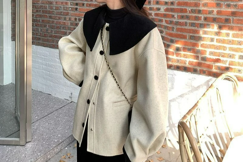 معطف صوف قصير بياقة الدمية وكتلة الألوان للنساء لربيع 2025، قمة الموضة الجديدة متعددة الاستخدامات