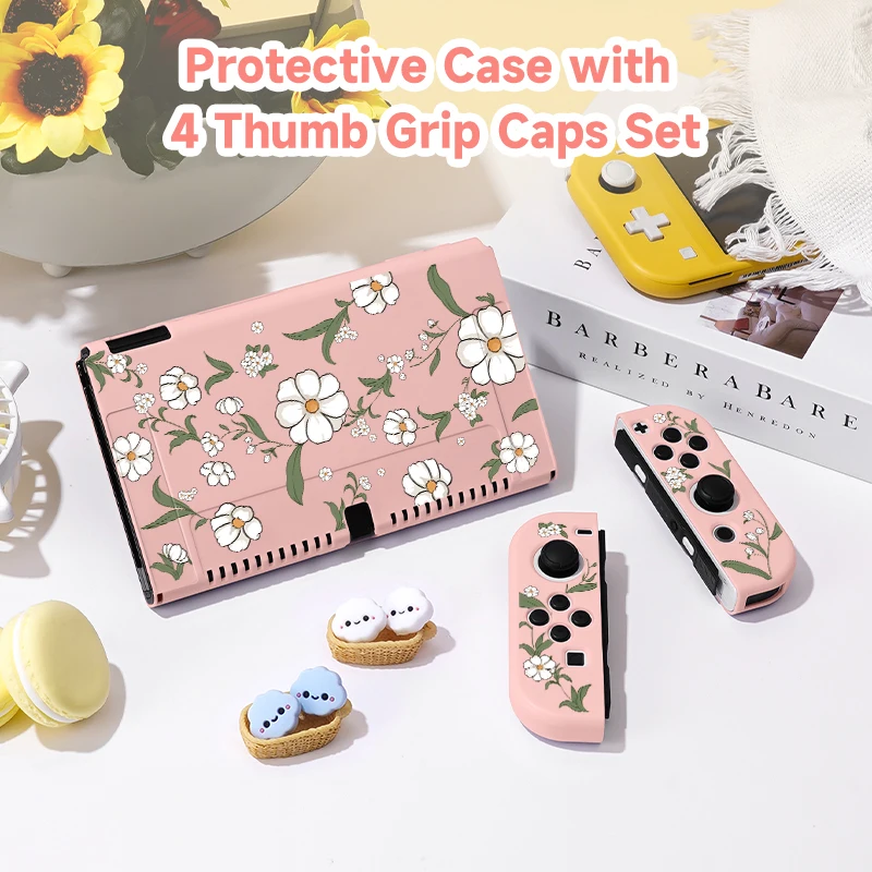 flower Switch Protective Case Bundle with 4pcs Grip Caps For Nintendo Switch OLED，for Switch NS Cover，Switch Game Accessory