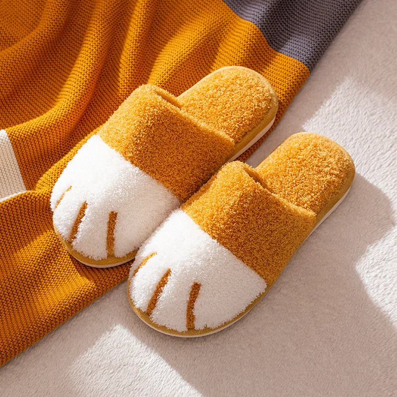 Cute Cartoon Cat Paw Warm Slippers Women Men Indoor Floor Flat Shoes Spring Autumn Winter Home Cotton Plush Zapatos Mujer