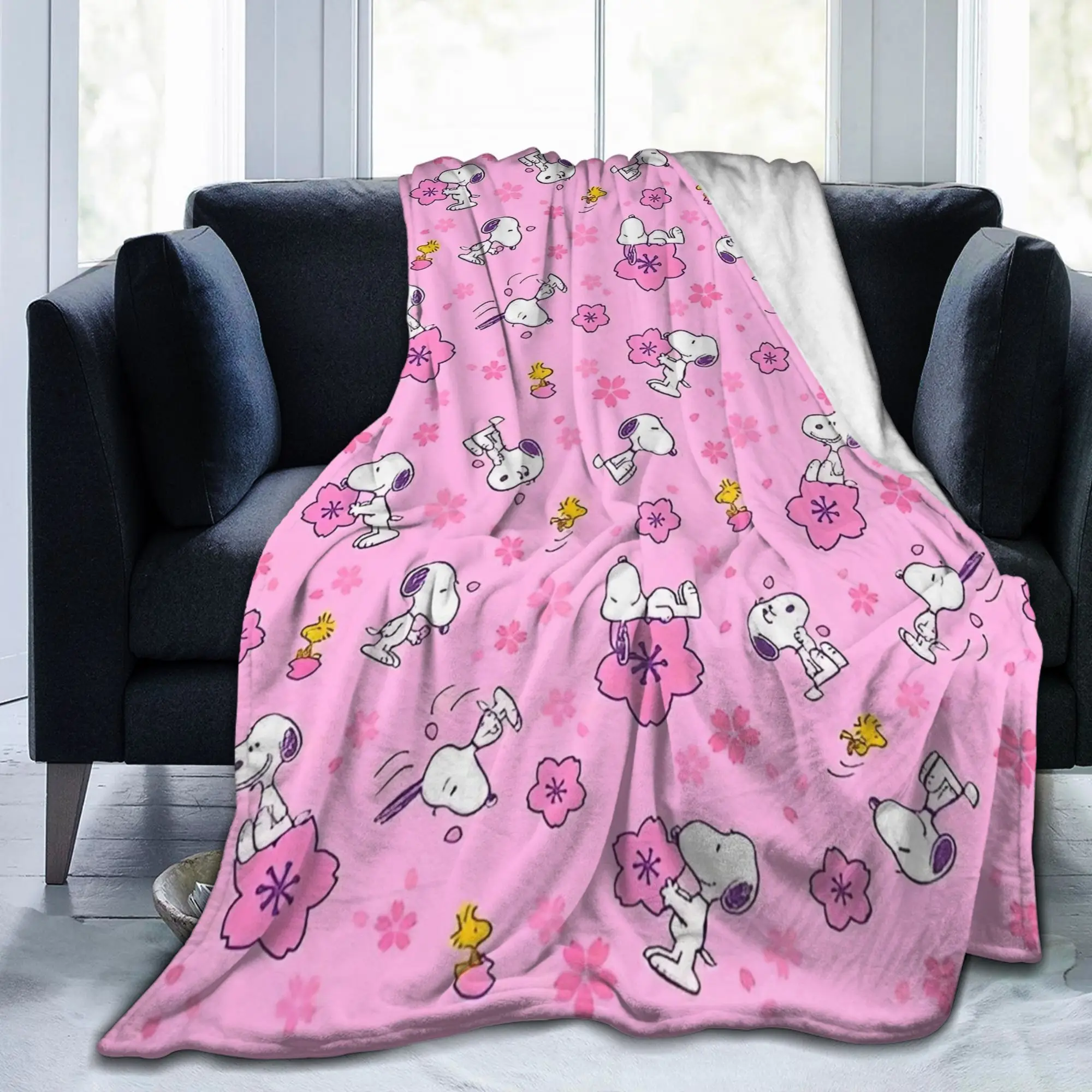 Pink Snoopys Woodstock Knitted Blankets Cartoon Fleece Throw Blanket Summer Air Conditioning Portable Lightweight Bedsprea,