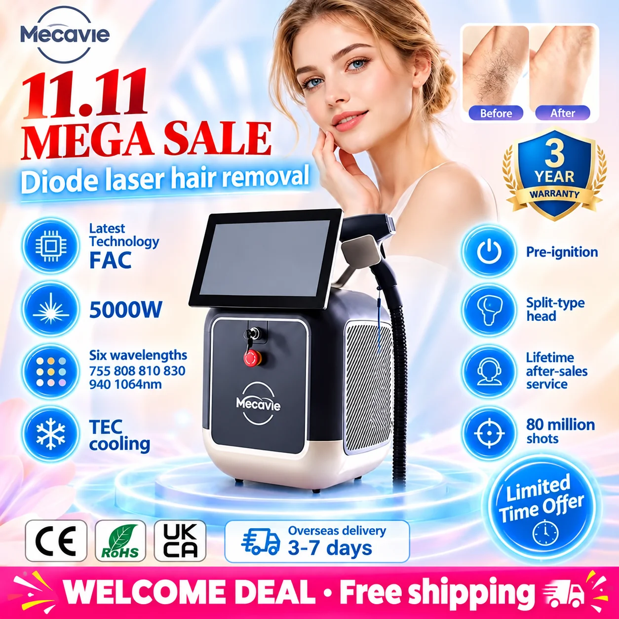11.11 Sale 5000W Diode Laser Hair Removal Machine 6 Waves 755 808 810 830 940 1064nm Tattoo Removal Salon Home All Skin Types