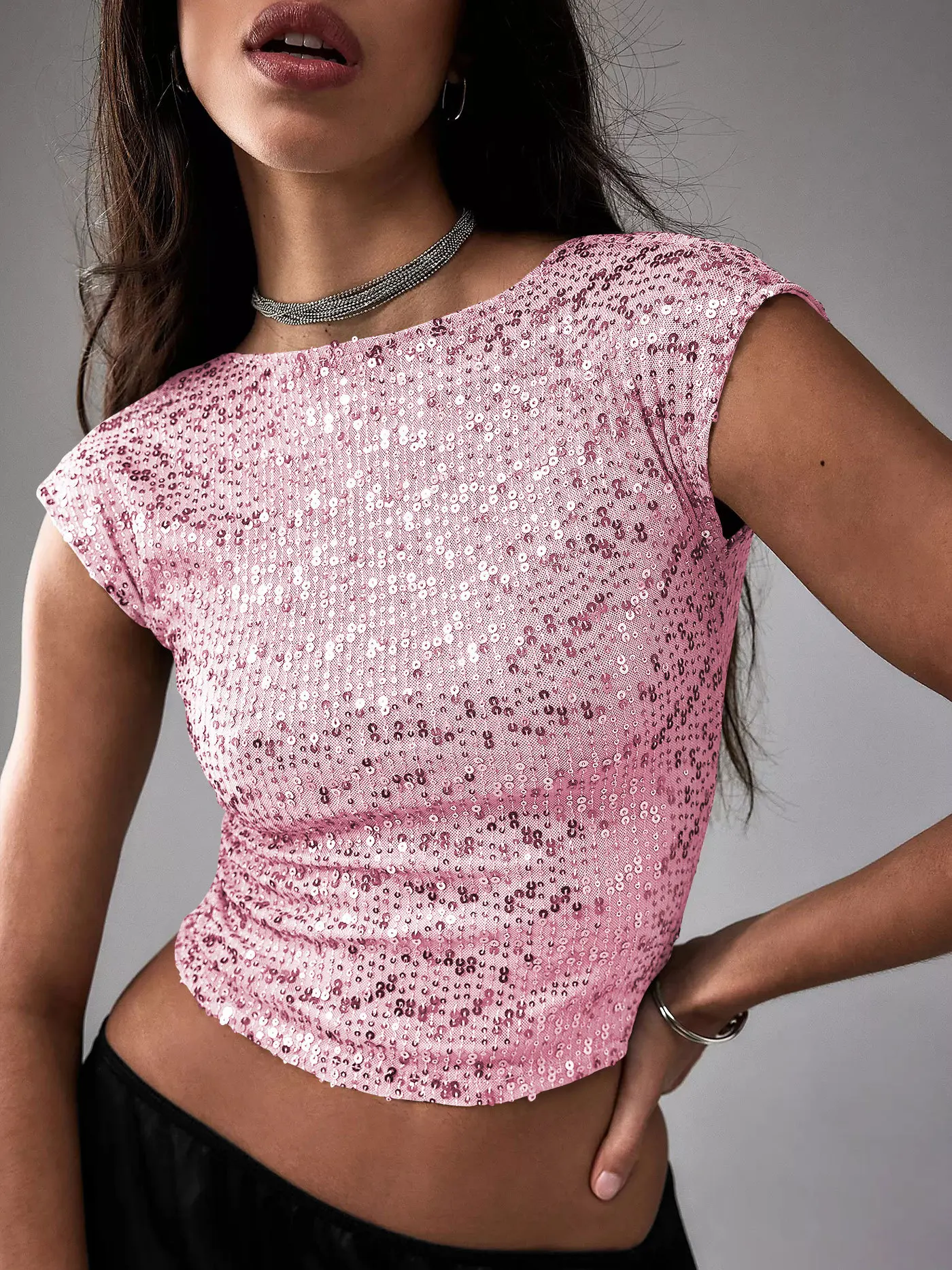 DSMTRC Woman Sexy Clubwear Short Sleeve Gold Glitter Sequin Crop Top Summer Backless Basic Solid Y2k Shine T-shirts