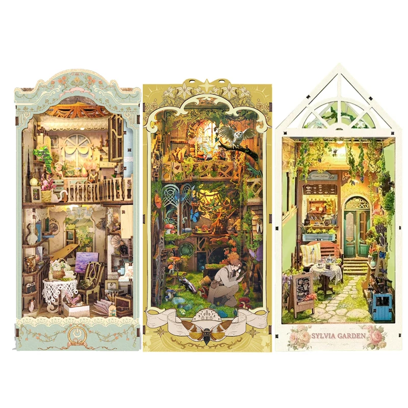 DIY Wooden Book Nook Shelf Insert Kit The Records of Insects Miniature Model Kits Bookshelf Flower Garden Bookend Friends Gifts