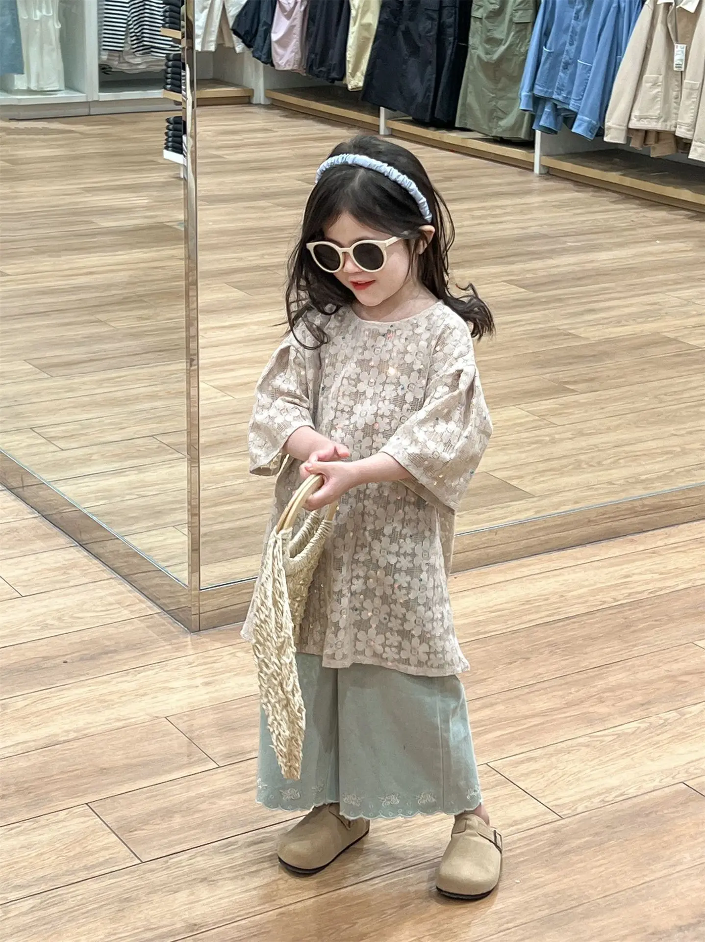 Sukienki dla dziewczynek Chlidren Clothes 2024 Summer Korean Style Children New Fashion Sweet Girls Sequin Lace Puff Sleeve Dress