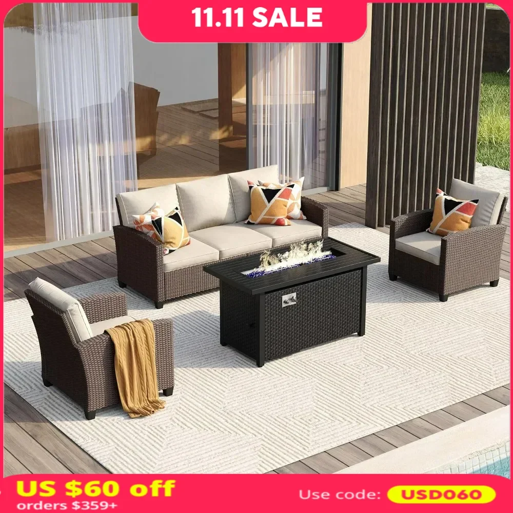 4 Pieces Outdoor Furniture Set, Patio Rattan Conversation Sets with Metal Fire Pit Table, 3-Seat Sofa Couch & Single Chairs