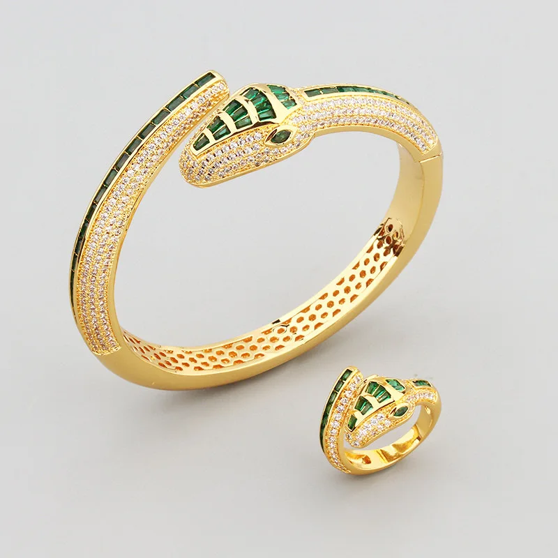 Designer Collection Ring Bracelet Settings Colored Rectangle Czech Zircon Plated Gold Color Snake Serpent Snakelike Open Bangle