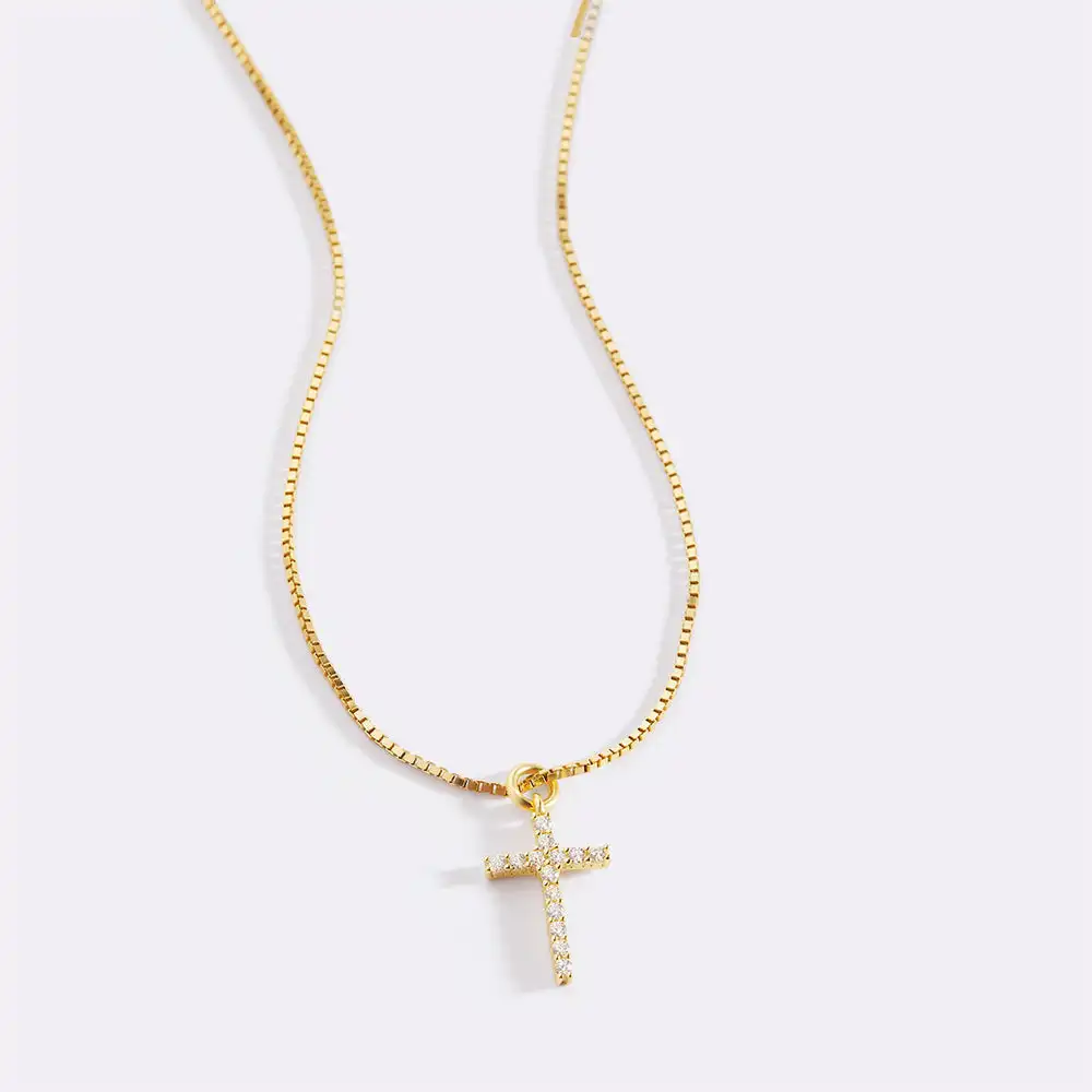 Diamond Pave Cross Necklace Custom 18K Gold Plated Chain Necklace Luxury Waterproof Jewelry Necklace for Women Christmas Gift