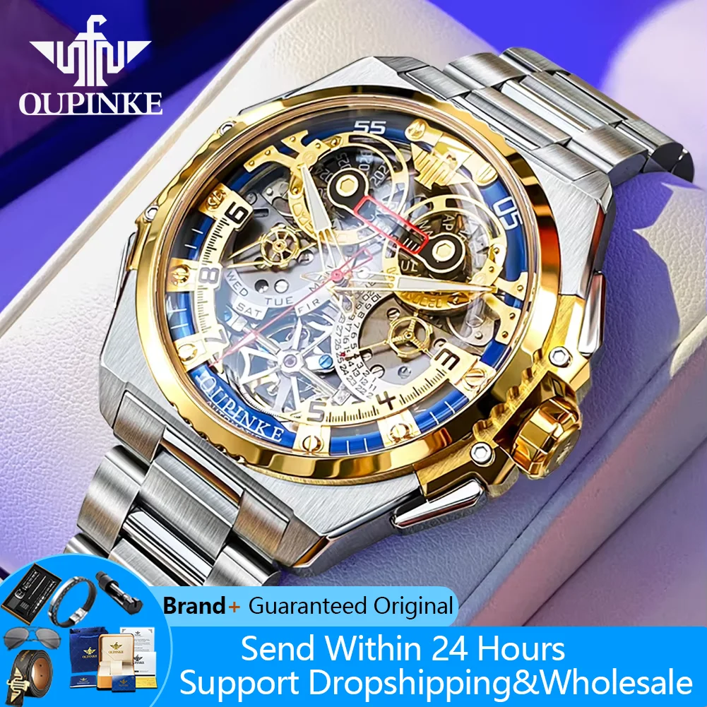 

OUPINKE 3266 Automatic Man Watch Skeleton Flywheel Mechanical Watch For Men 45mm Big Dial 50M Waterproof Luxury Men's Watches