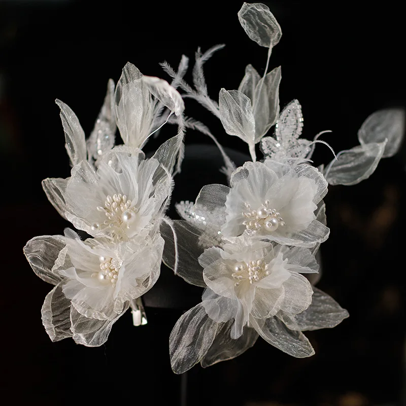 

White Yarn Feather Flower Bridal Headdress Aesthetic Hairpin Wedding Hair Clip Set Wedding Hair Ornament