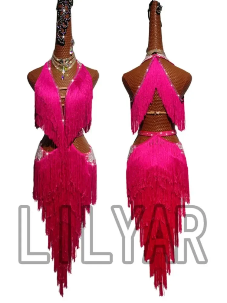 

New Latin Dance Competition Performance Dress Women's Adult Custom Rose Fringed Skirt Embroidered Diamond