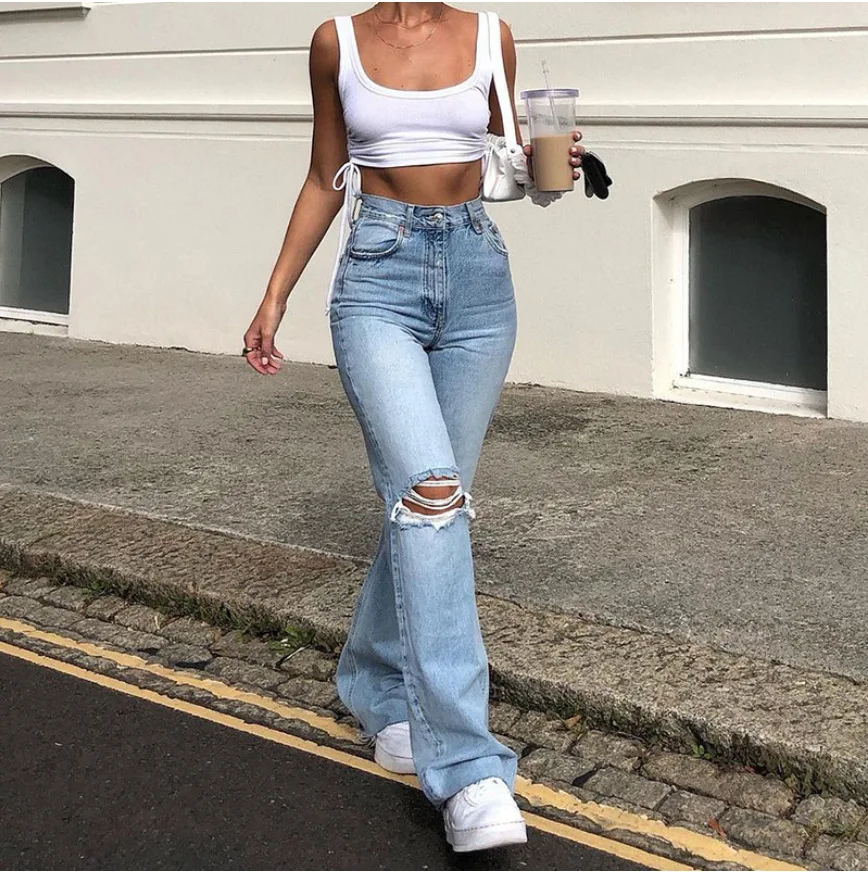 2023 New High Waist Ripped Boot Cut Jeans For Women Fashion Stretch Knee Ripped Denim Flared Pants Casual Female Trousers S-2XL