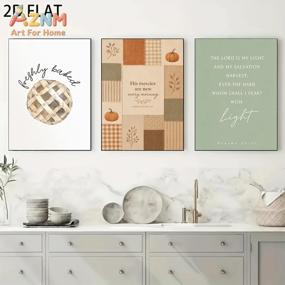 AZNM Frameless Canvas Wall Art, Fall Harvest Bible Verse Print, Pie Pumpkin Plaid Patchwork Text Art Poster for Kitchen Dining R