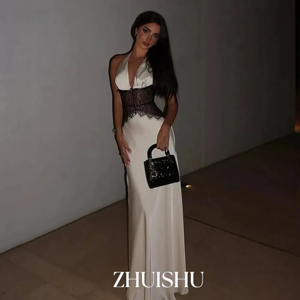

ZHUISHU 2026 Simple Patchwork Sexy Deep V-neck Lace Halter Women Maxi Dress White Evening Dress Slim Elegant Party Dress