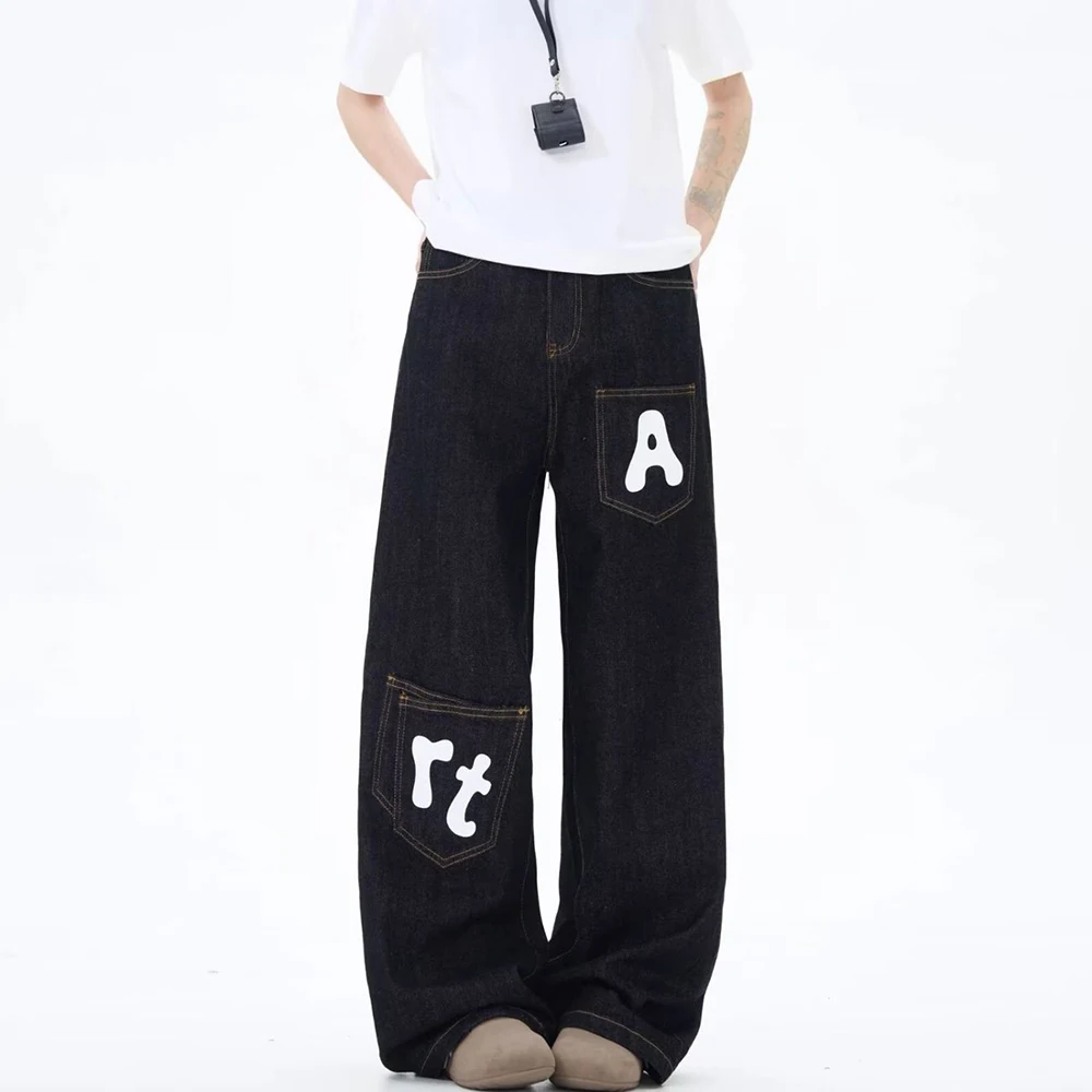 

​​Mens Jeans Letter Prints Draped Washed Casual Pants Streetwear Fashion Versatile Campus Straight Pants Men'S Clothing 2025​​