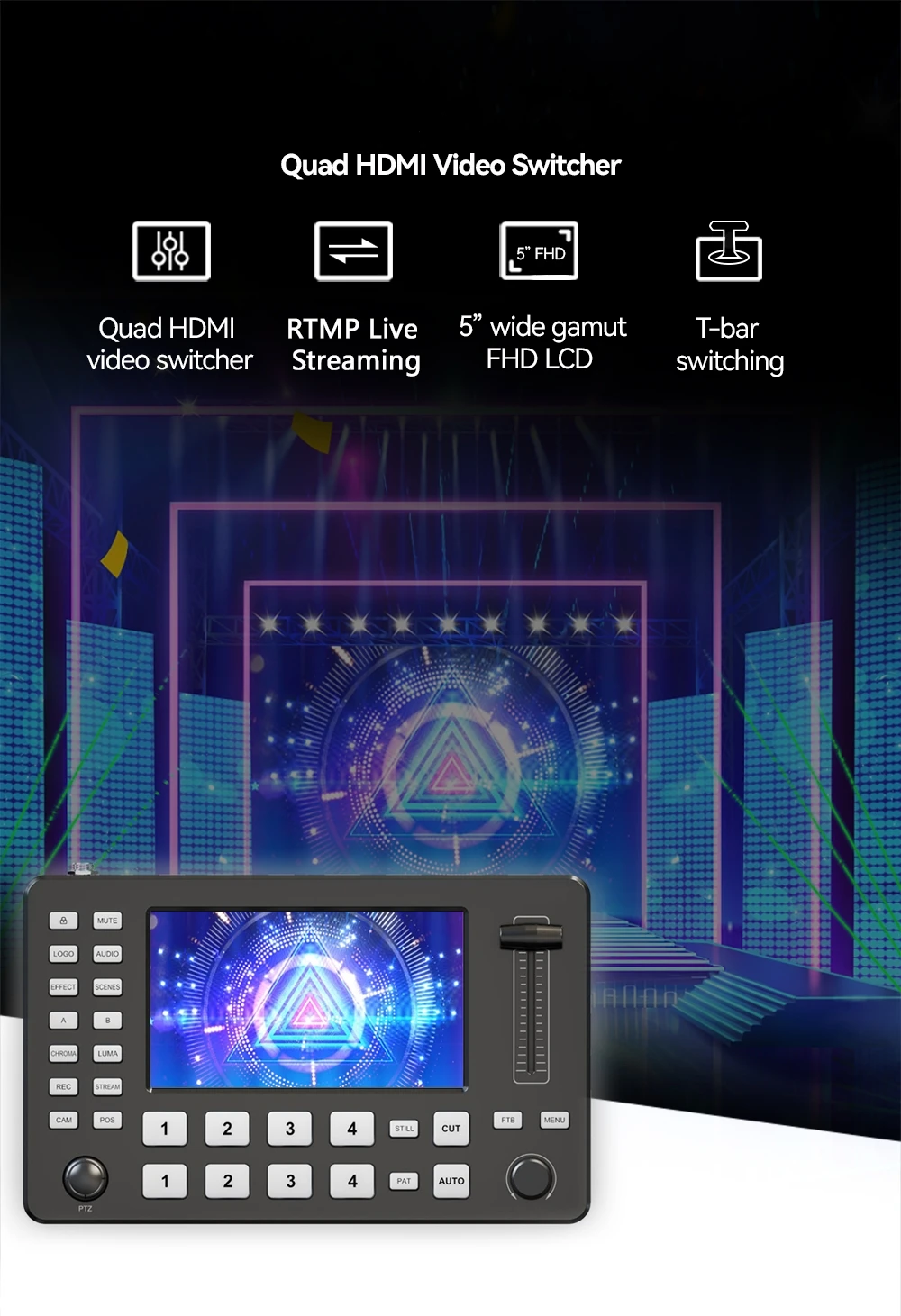 Quad Broadcast 4 Channels Video Streaming Switcher Video Mixer Live Stream Mixer Video Switcher for Live and Broadcast Keyboard