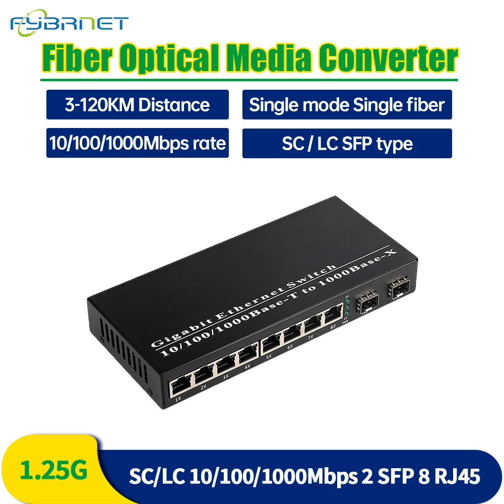 Gigabit Media Converter 2 SFP Fiber Port 8 RJ45 UTP G2F8E SFP Media Converter Single Module Ethernet 1.25G 3-120KM