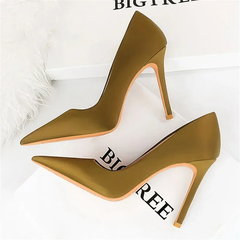 Large Size 34-43 Women 10.5cm High Heels Scarpins Silk Pumps Lady Orange Green Stiletto Heels Fetish Wedding Bridal Prom Shoes